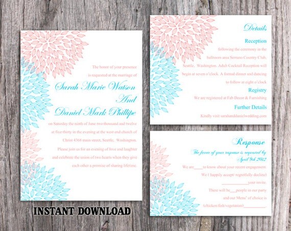 DIY Wedding Invitation Template Set Editable Word File Instant Download Printable Floral Invitation Pink Wedding Invitation Blue Invitations