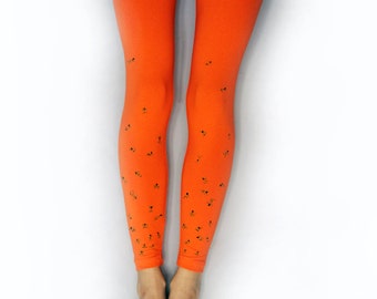 Orange leggings, unusual footless tights, stick figures design, gift for her, cotton leggings