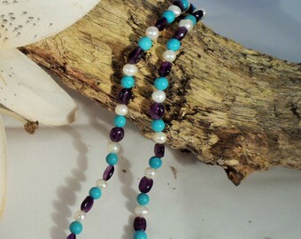 Amethyst, Freshwater Pearl and Turquoise Necklace