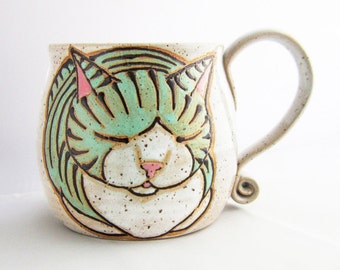 Child's Cup, Sm Cat Mug, pottery mug, child's birthday gift, cat loaf mug, cat art , holds approx 10 oz, dishwasher and microwave safe.