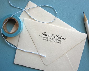 Custom Return Address Stamp calligraphy style, black self inking stamp, rubber stamp wood handle