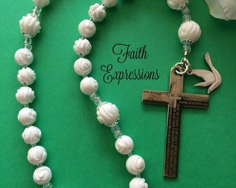 White Anglican Prayer Beads, Protestant Rosary, Gemstone Tridacna Shell, Carved Rose Beads, Lord's Prayer Cross, Holy Spirit Charm,
