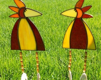 Whimsical Stained Glass Bird Suncatcher with Legs, Red/Yellow, CHOICE #346