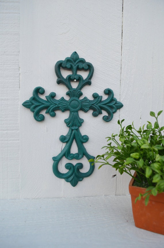 Ornate Cross Wall Art / Blue Home Decor / Cast Iron Cross