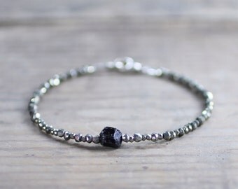 Delicate Pyrite & Black Tourmaline Bracelet, Sterling Silver or Gold Filled Natural Gemstone Bracelet, Raw Rough Black Tourmaline Jewelry