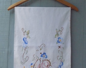 Vintage Cotton Sack Cloth Embroidered Fruit Table Runner | Vintage Mid Century Kitchen Table Scarf