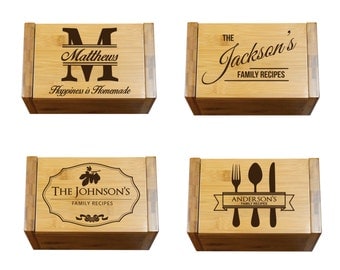 Personalized Wood Recipe Box, Engraved Recipe Box, Custom Wood Recipe Box For Wedding, Etched 4x6 Recipe Card Holder, Kitchen Gifts For Mom