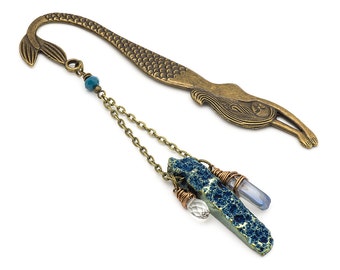 Bronze Mermaid Bookmark Beaded Unique Metal Bookmark Mermaid Gift for her Blue Titanium Agate Sea Theme Bookmark Bohemian Crystal Bookmark