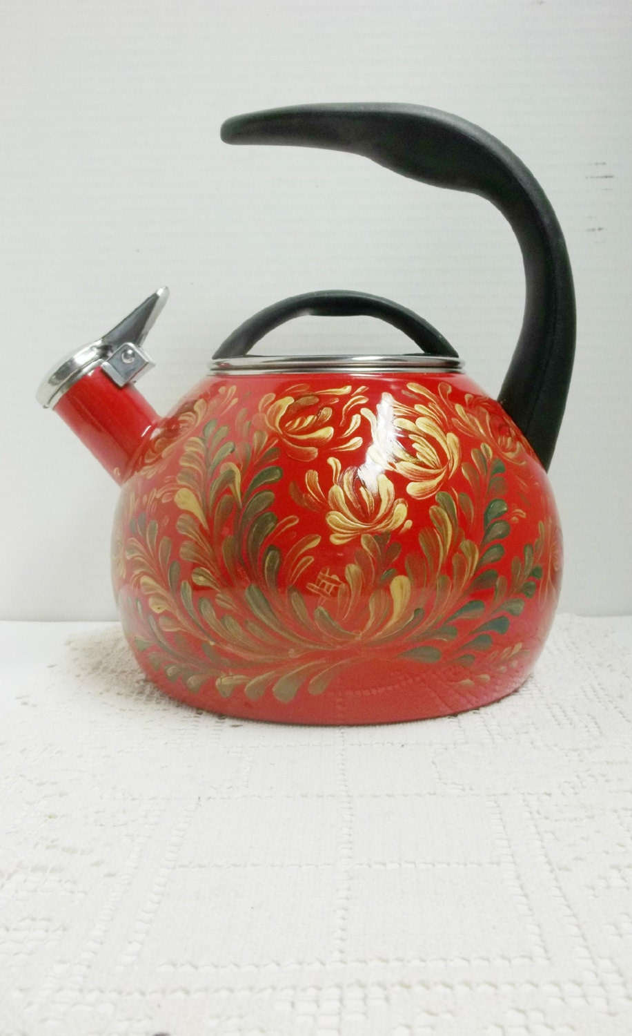 Tea Kettle Red Enamel Hand Painted Scandinavian Design