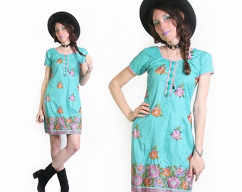 SALE Teal Embroidered Indian Dress - Turquoise Dress - Embroidered Dress - Kaftan Caftan - Tunic Dress - Hippie Boho Pastel - Summer Dress