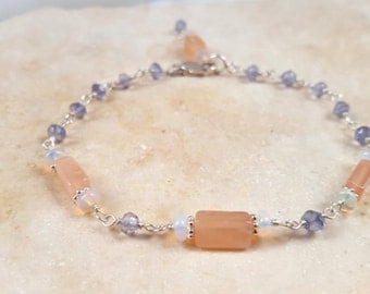 Gemstone Stacking Bracelet Ethiopian Opal, Iolite and Peach Moonstone Delicate Station Chain Dainty Boho Layering Handmade Fine Jewelry