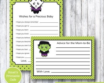 Halloween Baby Shower Wishes Cards - Printable Baby Shower Advice Cards - Printable Baby Shower Games - Monster Baby Shower - Frankenstein