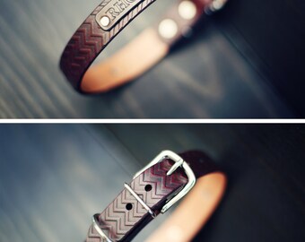 Personalized Leather Dog Collar, Custom Leather Dog Collar, Handmade personalized gift, number, Mahogany, Chevron Zig Zag pattern, FREE Name