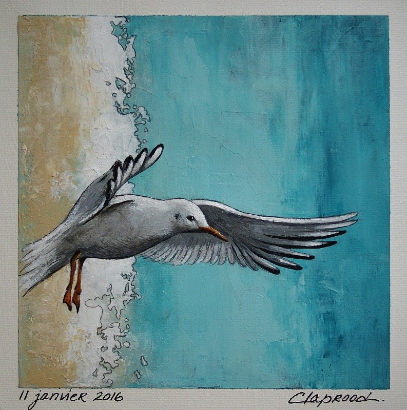 Seabird painting flying seagull bird wall art grey blue
