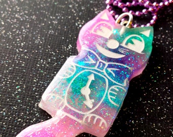 Cat Clock Pendant / Kitty Clock / Kitcsh Jewelry / Retro Cute Cat / Kawaii kitty / Kitty cat / Colorful Resin / Glitter Resin Pendant