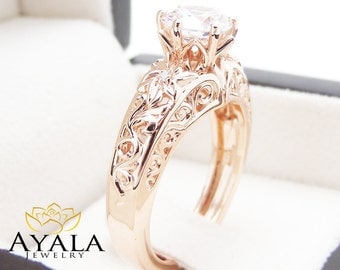 Round Moissanite Engagement Ring Unique 14K Rose Gold Ring Art Deco Styled Engagement Ring
