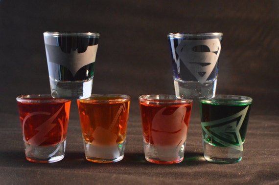Super heroes etched shot glass set of 6 fan art