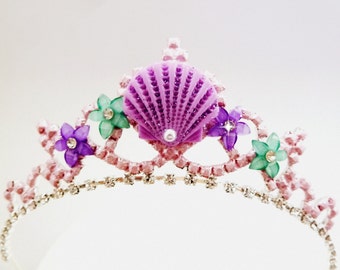 Mermaid Crown, Mermaid Sea Shell & Flower Tiara, Mermaid Tiara, Ariel The Little Mermaid Tiara, Mermaid Headband, Jeweled Purple Sea Shell