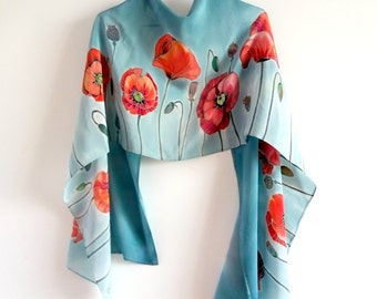 Poppy scarf Red poppies scarves Hand painted silk shawl Gray scarf Summer scarves Handpainted Flowers shawl Women scarves gift for mom