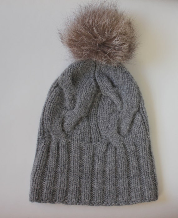 Grey cable knit hat with pom pom / Wool apaca cabled beanie