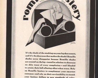Vogue or Harper's Bazaar magazine ad, Romilla hosiery, art by Gischia, matted or unmatted - PD000849