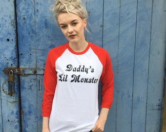 Harley Quinn Top, Daddy's Lil Monster | Suicide Squad Cosplay Design, Long Sleeve Baseball Tee