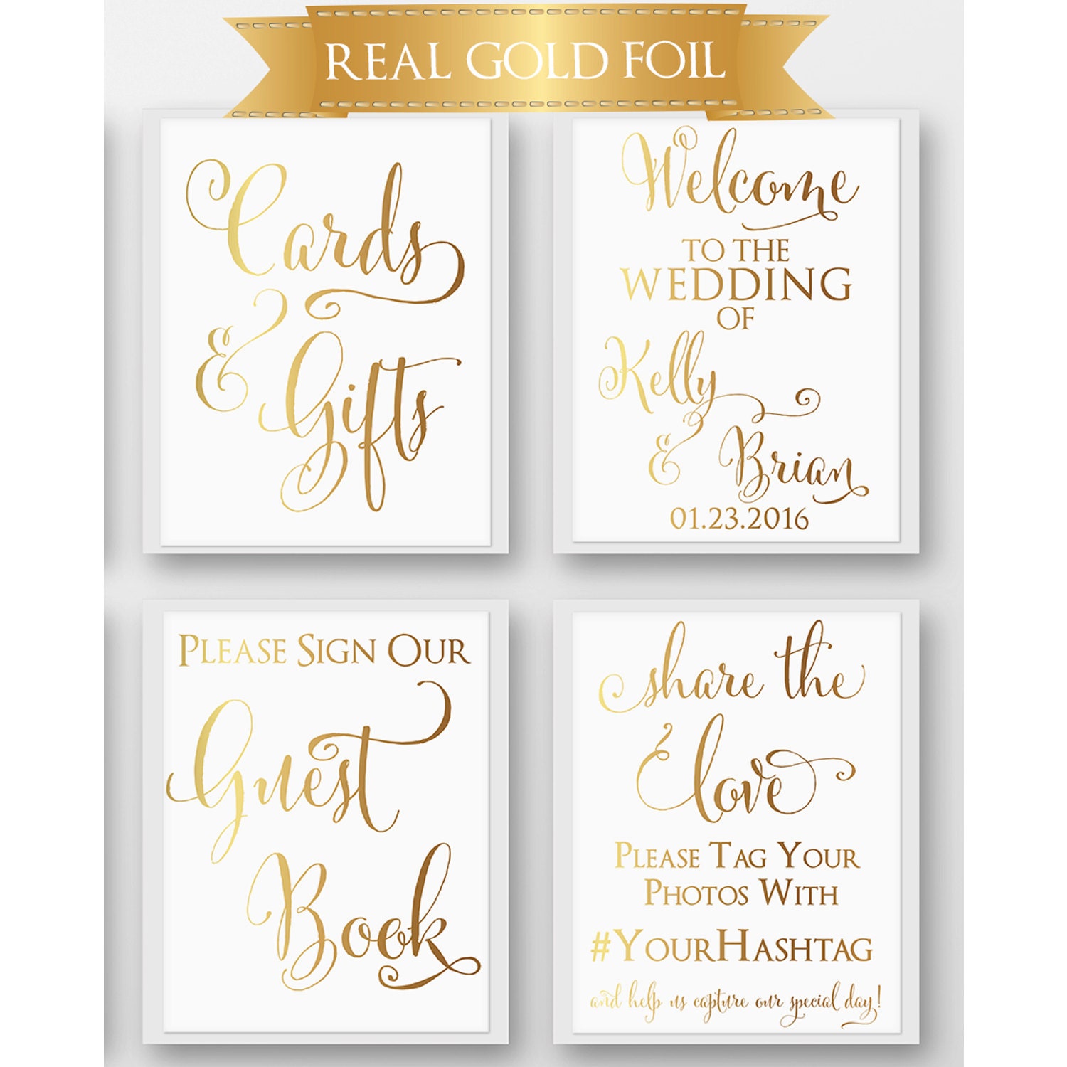 Gold Wedding Signs Set of 4 Real Gold Foil Wedding