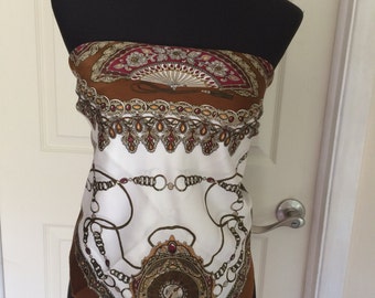 Vintage Fan and Timepiece Pattern Baroque Silk Scarf Brown and Green Scarf - FREE SHIPPING EVERYWHERE