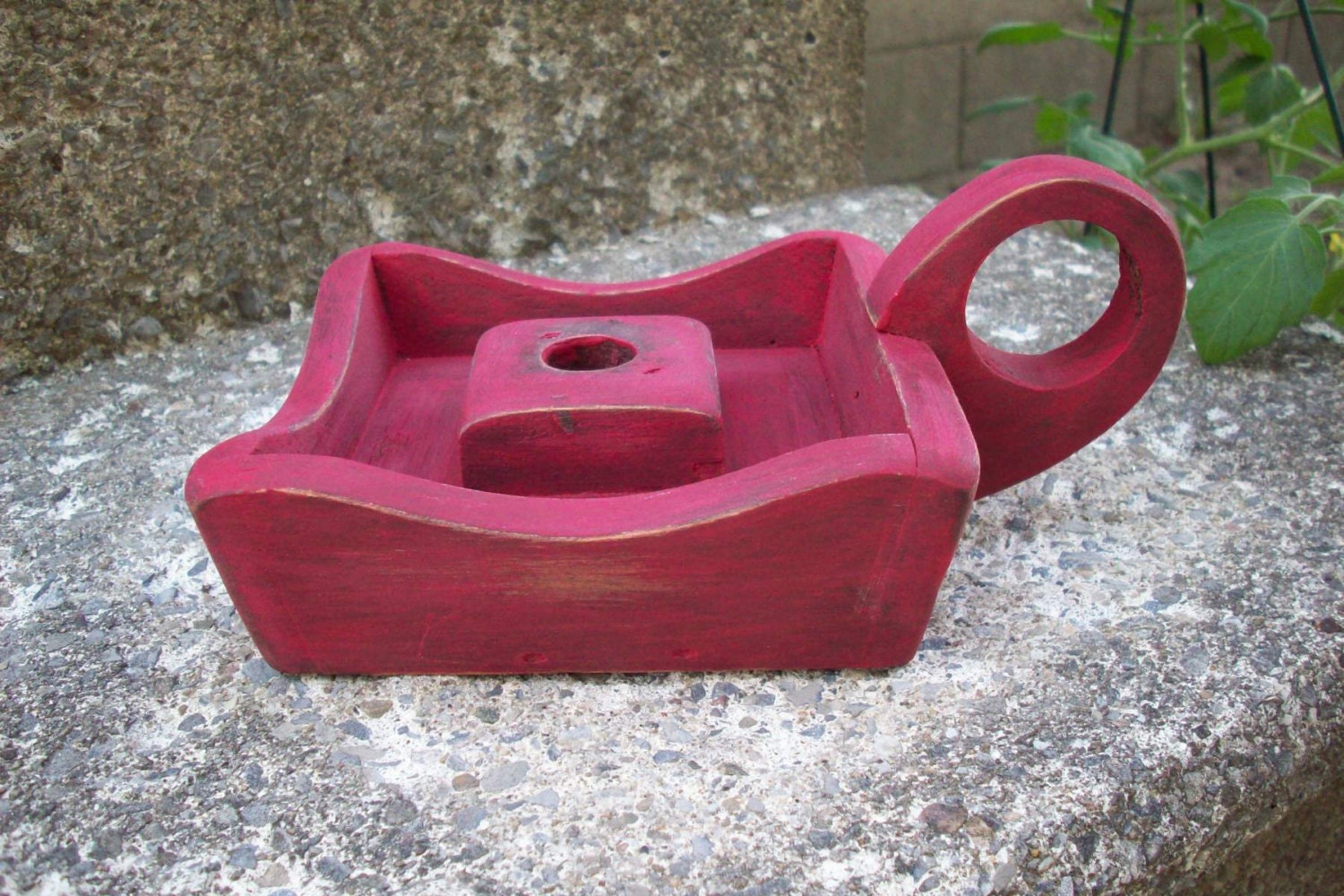 Red Candle Holder Vintage wood candlestick hand painted
