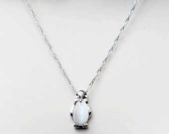 Sterling Silver Penguin Necklace, Cat's Eye White Bead in Penguin, Silver Penguin Holiday Necklace