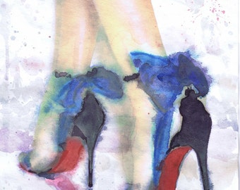 Christian Louboutin Art Fashion Illustration Shoe Watercolour Print, High heels decor Fashion Wall art Fashion Print, Heels fetish Poster