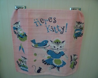 Vintage Mid Century "Here's Kitty!" Kitchen Tea Dish Towel Table Runner~Kitten Waitress Serving Fish!
