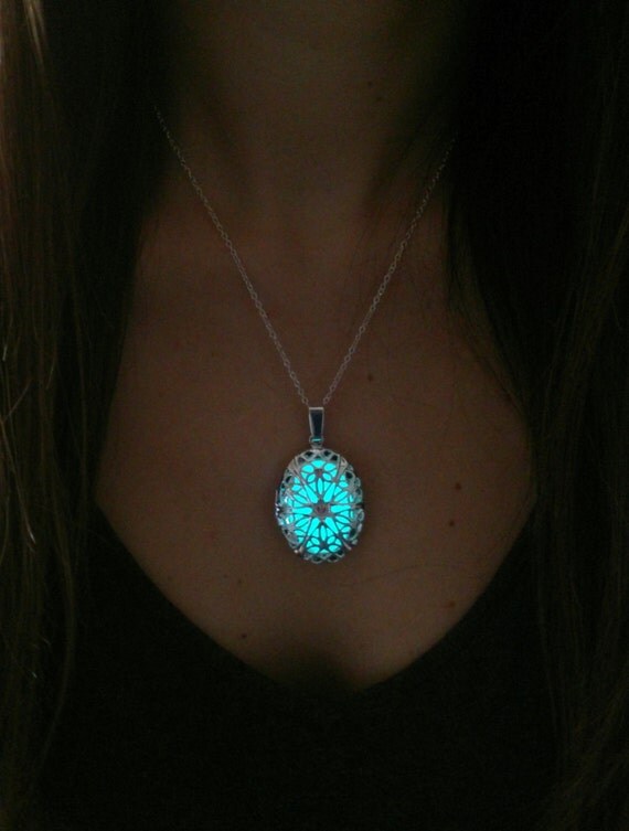 Aqua Locket Necklace // Glow in the Dark Oval Pendant