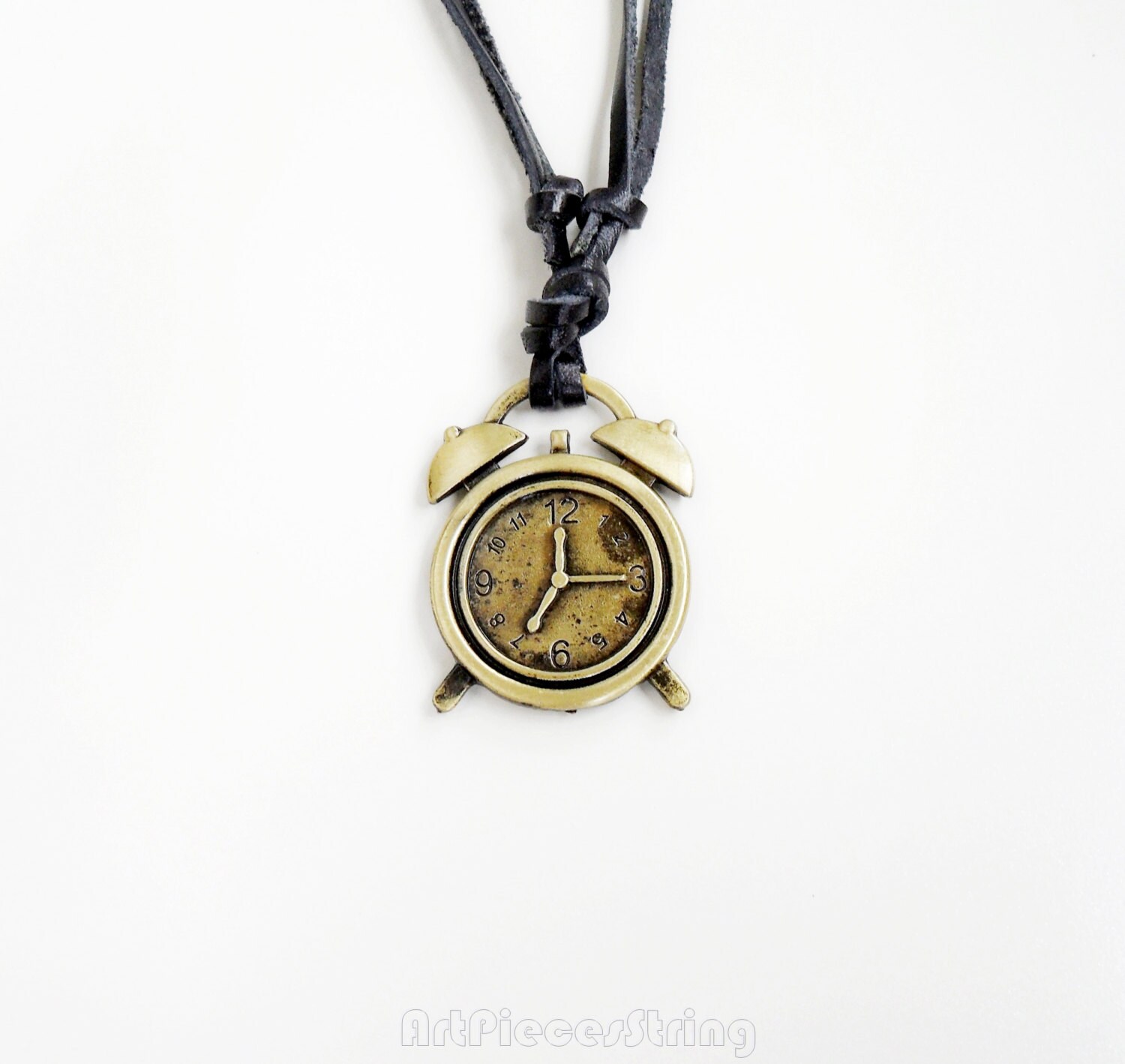 Clock necklace leather bronze personalized pendant alarm