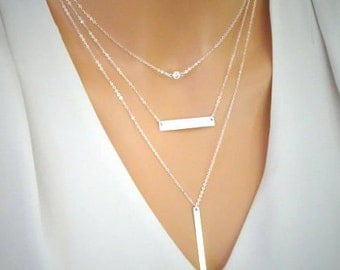 Layered necklaces, Set do 3 Sterling silver necklaces, Name bar necklace, Gold fill long bar pendant, Dainty CZ necklace