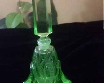 Art Deco Vaseline Crystal Perfume Bottle Geometric Designs and Faceted Finial. c. 1910-20's. Bohemian Crystal. Antique Perfume Bottle