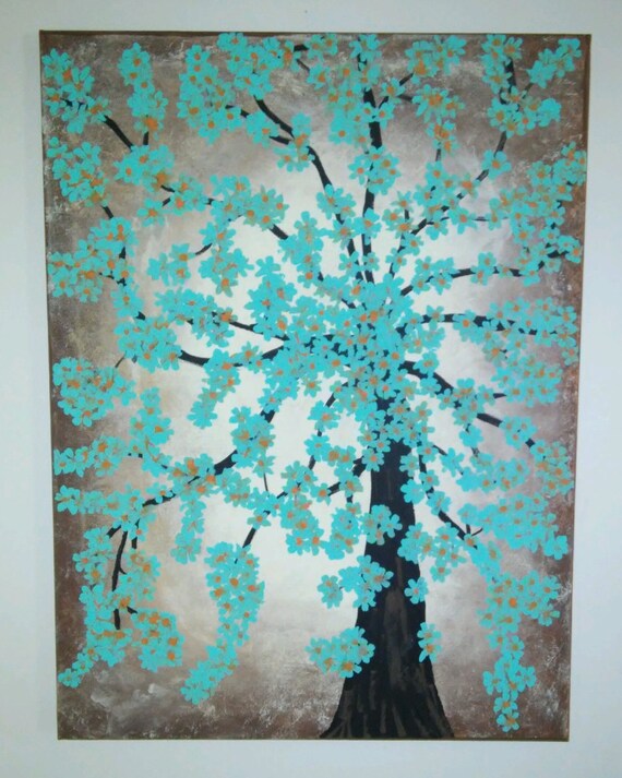 Turquoise Flowering Tree on 18x24 CanvasWall artCanvas