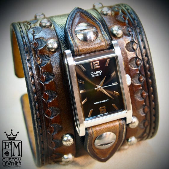 Leather cuff watch Cowboy Rockstar Style Old west Punk wristwatch Wide and DEEP handmade for YOU in NYC by Freddie Matara!