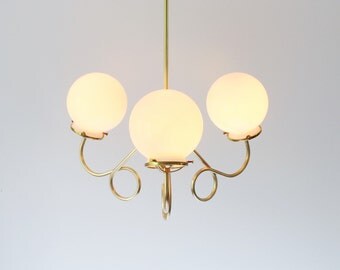 Modern Brass Chandelier Lighting Fixture, 3 White Glass Globes, BootsNGus Pendant Lighting and Home Decor