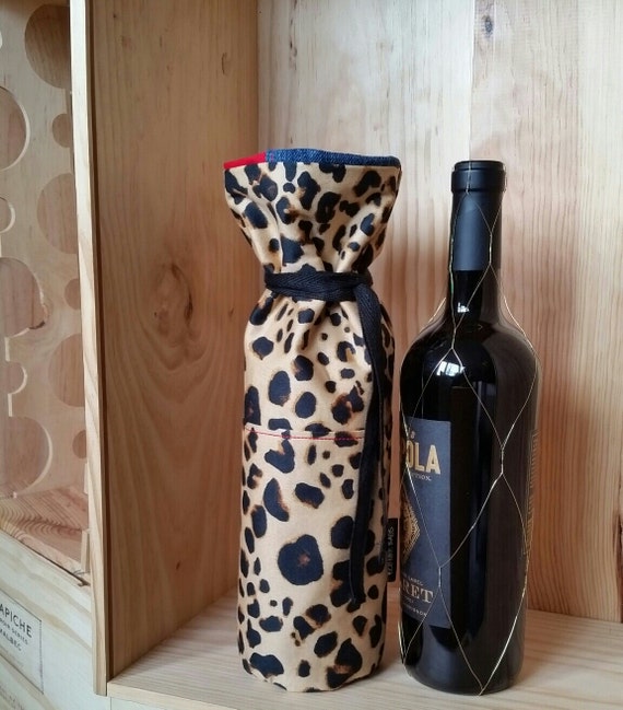 Statement Leopard Print gift bag for wine lined in Denim and