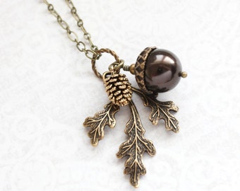 Brown Pearl Pendant Necklace Pearl Acorn Charm Nature Inspired Pinecone Branch Leaf Rustic Oak Woodland Wedding Autumn Jewelry Bridesmaids