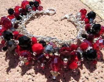 RED and BLACK ATTACK Deep Red, Black and Silvers Charm Bracelet ooak