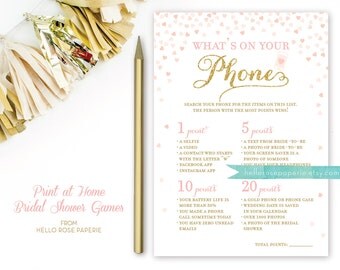 Pink and Gold Bridal Shower Games . What's on Your Phone Game . Bridal Shower Games Printable Instant Download . Glitter Confetti Hearts