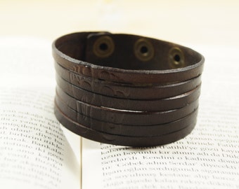 Feet Engraved Chestnut Brown Multi-strand Wide Leather Wristband, Six-strand Leather Cuff, Brown Leather Wide Bracelet , Feet Engraved Cuff