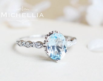 Vintage Inspired Aquamarine Engagement Ring with Diamond, 14K 18K Gold Aquamarine Ring, Blue Gemstone, White Gold Aquamarine, Beach Wedding