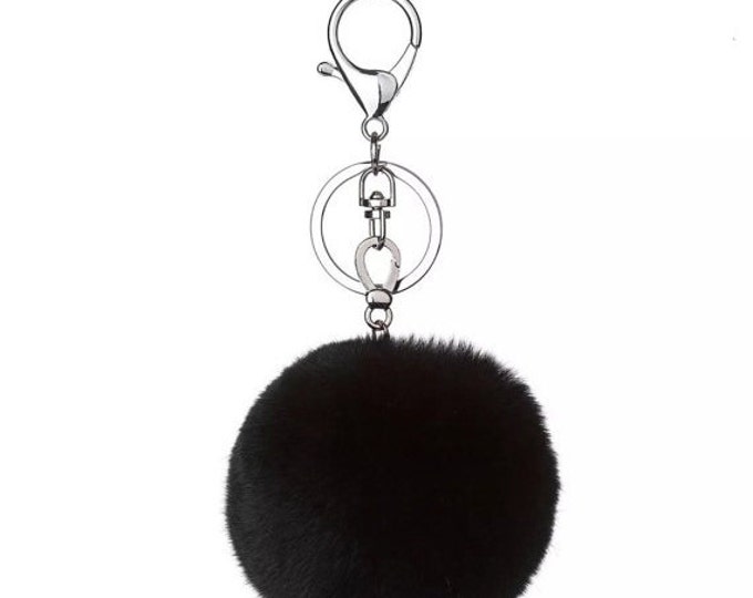 Black Rex Rabbit fur pom pom keychain bag charm furball keyring silver hardware