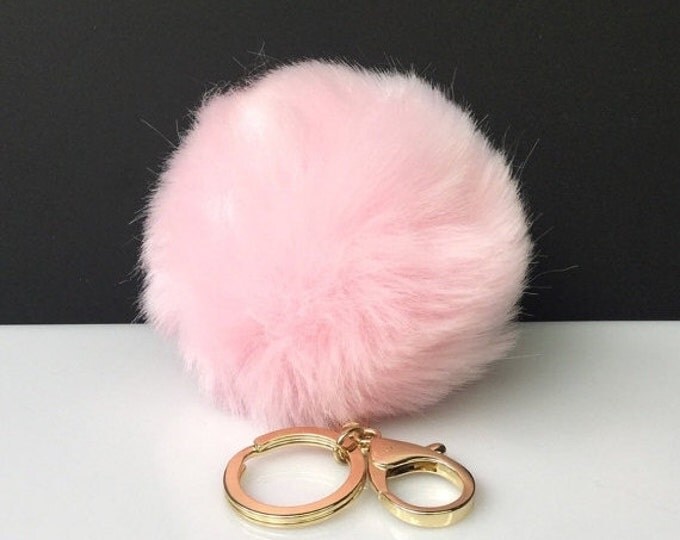NEW! Faux Rabbit Fur Pom Pom bag Keyring Hot Couture Novelty keychain pom pom fake fur Puff ball light pink