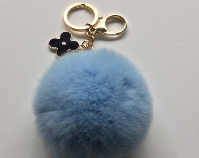 Baby blue fur pom pom keychain REX Rabbit fur pom pom ball with flower bag charm