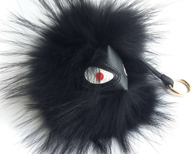 Black Monster Keychain Fur Pom Pom Chain Ball Bobble Key Ring Bag Pendant Charm with Strap and Metal Buckle - Real Fur