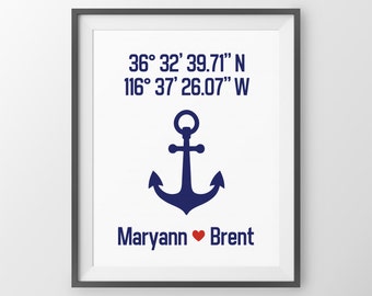 Anchor Wedding Gift For Couple Anniversary Gift Personalized Gift Couple  Gift Latitude Longitude Anchor Wall Decor Anchor Decor Navy Family